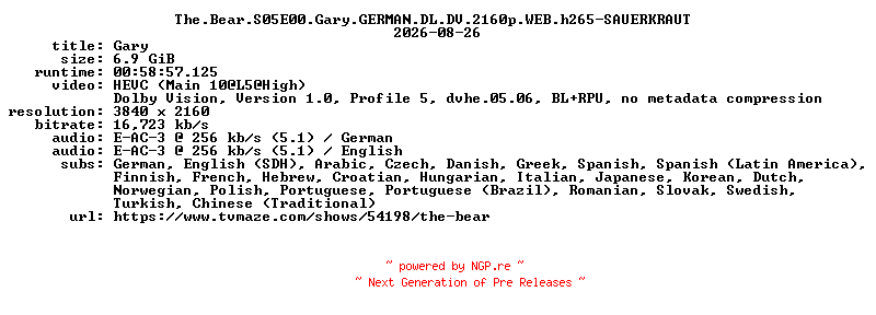 NFO for the release The.Bear.S05E00.Gary.GERMAN.DL.DV.2160p.WEB.h265-SAUERKRAUT by SAUERKRAUT