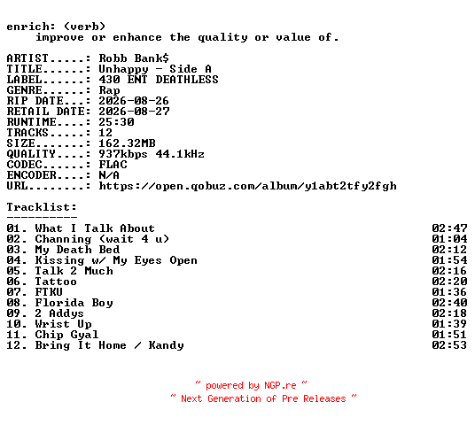 NFO for the release Robb_Banks-Unhappy__Side_A-24BIT-WEB-FLAC-2026-ENRiCH by ENRiCH