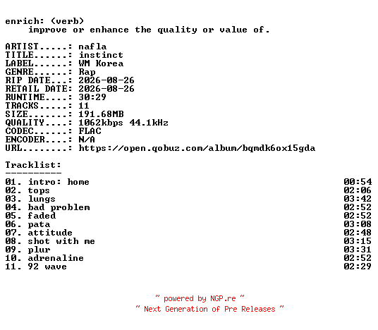 NFO for the release nafla-instinct-KR-16BIT-WEB-FLAC-2026-ENRiCH by ENRiCH