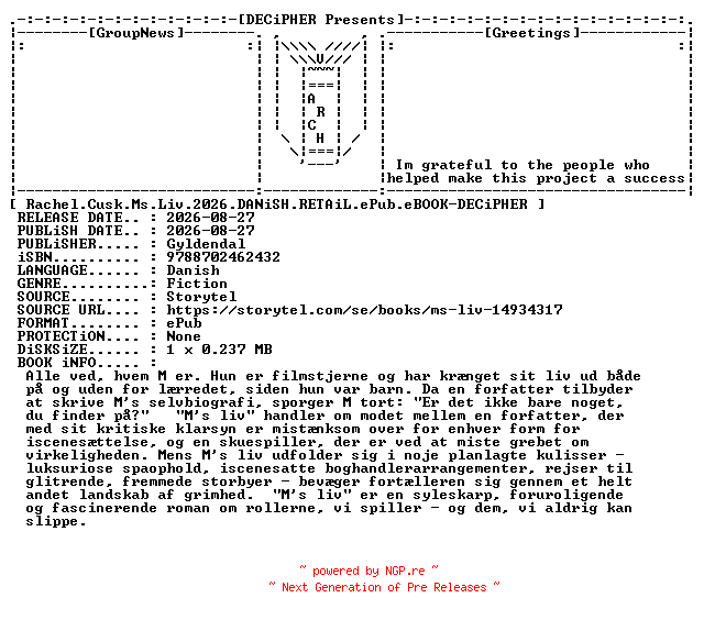 NFO for the release Rachel.Cusk.Ms.Liv.2026.DANiSH.RETAiL.ePub.eBOOK-DECiPHER by DECiPHER