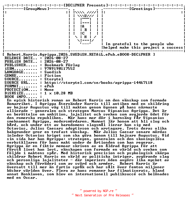 NFO for the release Robert.Harris.Agrippa.2026.SWEDiSH.RETAiL.ePub.eBOOK-DECiPHER by DECiPHER