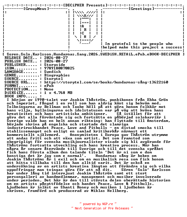 NFO for the release Soren.Sulo.Karlsson.Hundarnas.Sang.2026.SWEDiSH.RETAiL.ePub.eBOOK-DECiPHER by DECiPHER