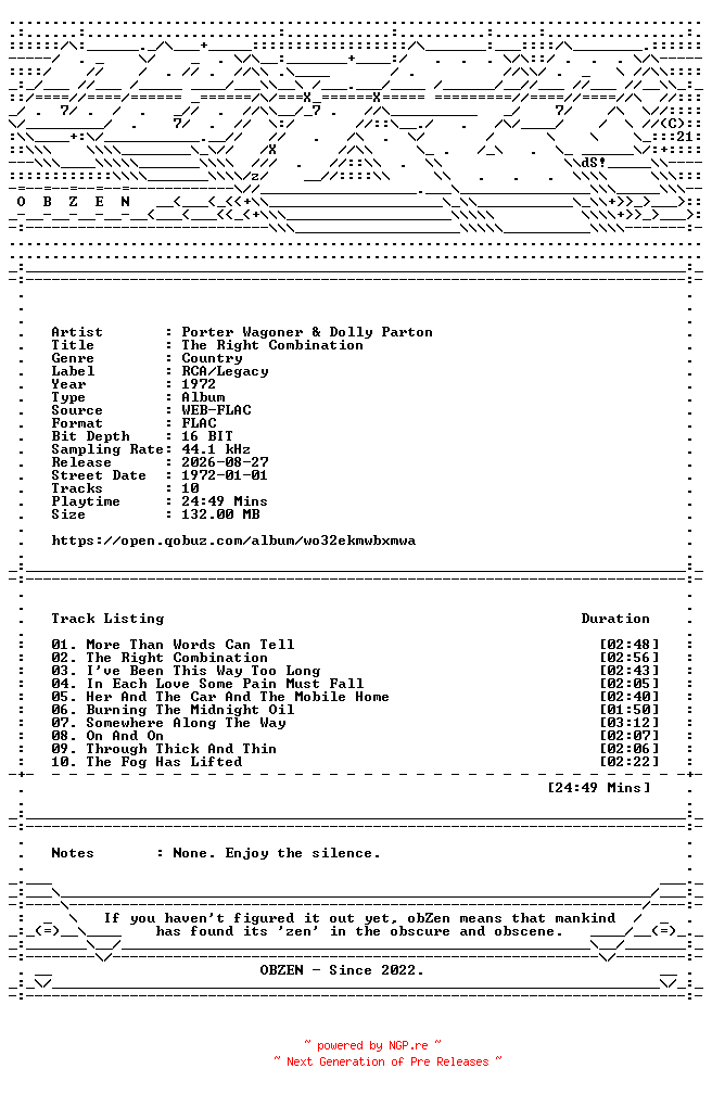 NFO for the release Porter_Wagoner_and_Dolly_Parton-The_Right_Combination-16BIT-WEB-FLAC-1972-OBZEN by OBZEN