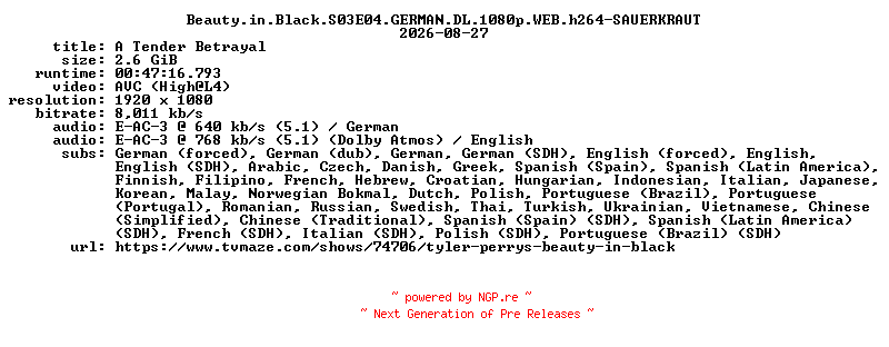 NFO for the release Beauty.in.Black.S03E04.GERMAN.DL.1080p.WEB.h264-SAUERKRAUT by SAUERKRAUT