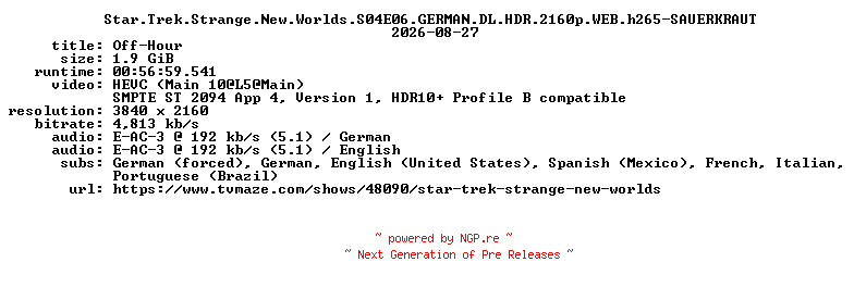 NFO for the release Star.Trek.Strange.New.Worlds.S04E06.GERMAN.DL.HDR.2160p.WEB.h265-SAUERKRAUT by SAUERKRAUT