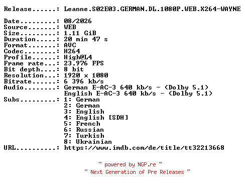 NFO for the release Leanne.S02E03.GERMAN.DL.1080P.WEB.X264-WAYNE by WAYNE