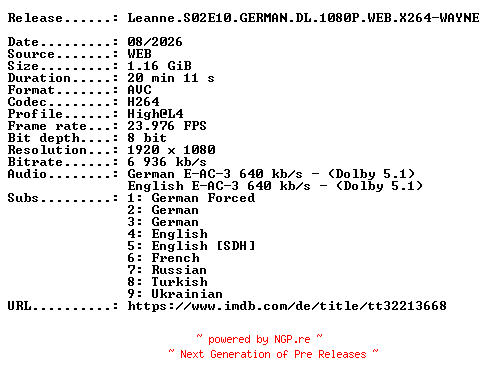 NFO for the release Leanne.S02E10.GERMAN.DL.1080P.WEB.X264-WAYNE by WAYNE