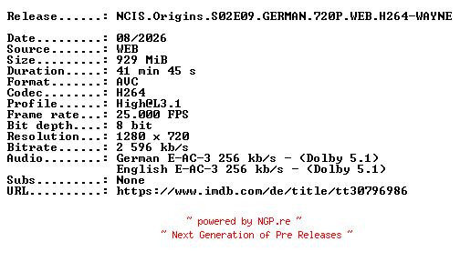 NFO for the release NCIS.Origins.S02E09.GERMAN.720P.WEB.H264-WAYNE by WAYNE