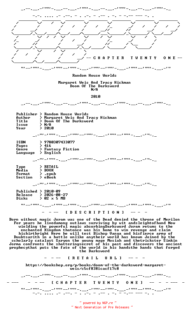 NFO for the release Margaret.Weis.And.Tracy.Hickman.-.Doom.Of.The.Darksword.2010.RETAIL.EPUB.eBook-CTO by CTO