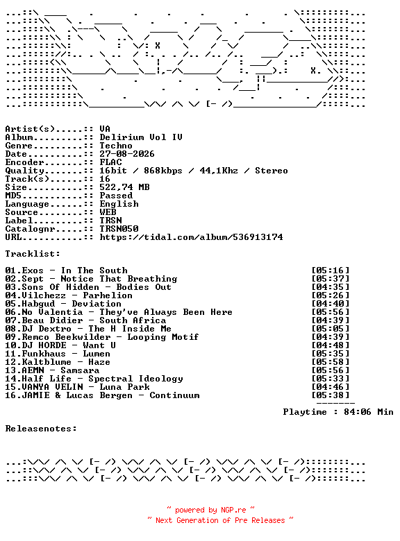 NFO for the release VA-Delirium_Vol_IV-TRSN050-16BIT-WEB-FLAC-2026-WAVED by WAVED
