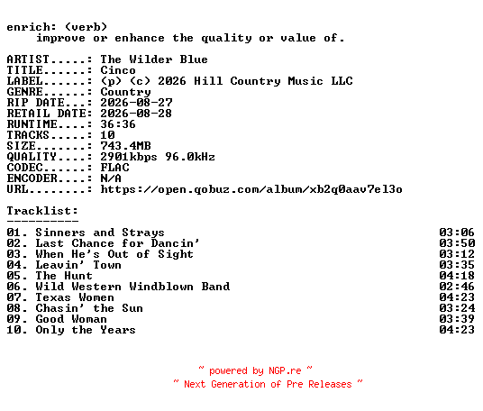 NFO for the release The_Wilder_Blue-Cinco-24BIT-WEB-FLAC-2026-ENRiCH by ENRiCH