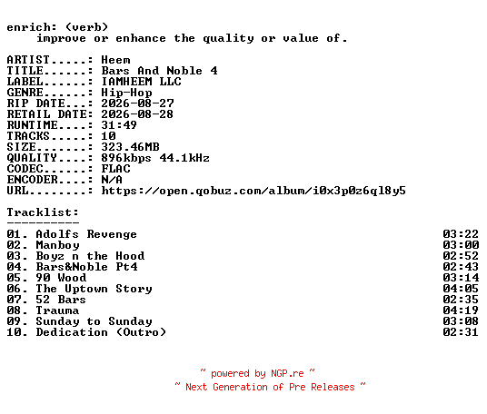 NFO for the release Heem-Bars_And_Noble_4-24BIT-WEB-FLAC-2026-ENRiCH by ENRiCH