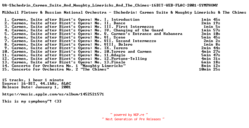 NFO for the release VA-Shchedrin_Carmen_Suite_And_Naughty_Limericks_And_The_Chimes-16BIT-WEB-FLAC-2001-SYMPHONY by SYMPHONY