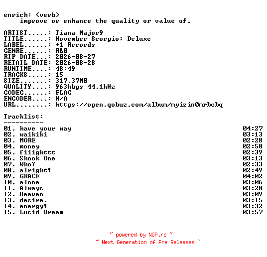 NFO for the release Tiana_Major9-November_Scorpio_Deluxe-16BIT-WEB-FLAC-2026-ENRiCH by ENRiCH