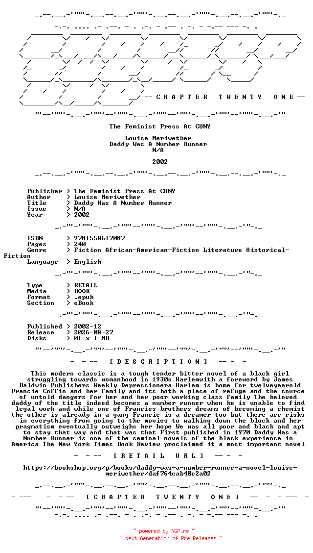 NFO for the release Louise.Meriwether.-.Daddy.Was.A.Number.Runner.2002.RETAIL.EPUB.eBook-CTO by CTO
