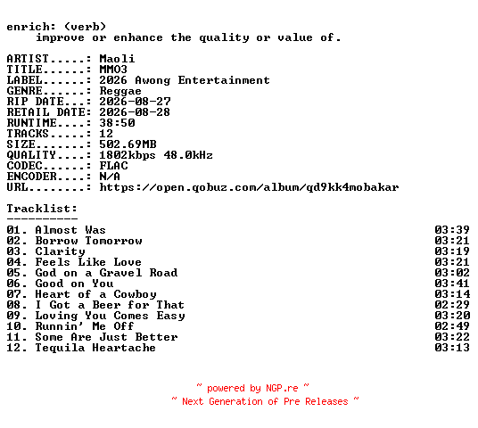 NFO for the release Maoli-MMO3-24BIT-WEB-FLAC-2026-ENRiCH by ENRiCH