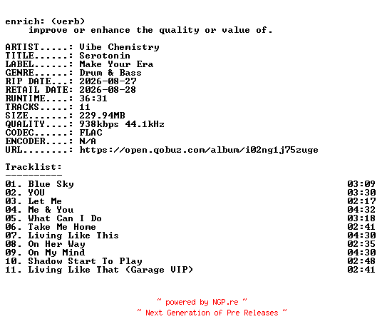 NFO for the release Vibe_Chemistry-Serotonin-16BIT-WEB-FLAC-2026-ENRiCH by ENRiCH