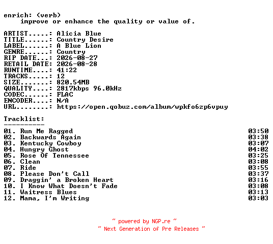 NFO for the release Alicia_Blue-Country_Desire-24BIT-WEB-FLAC-2026-ENRiCH by ENRiCH