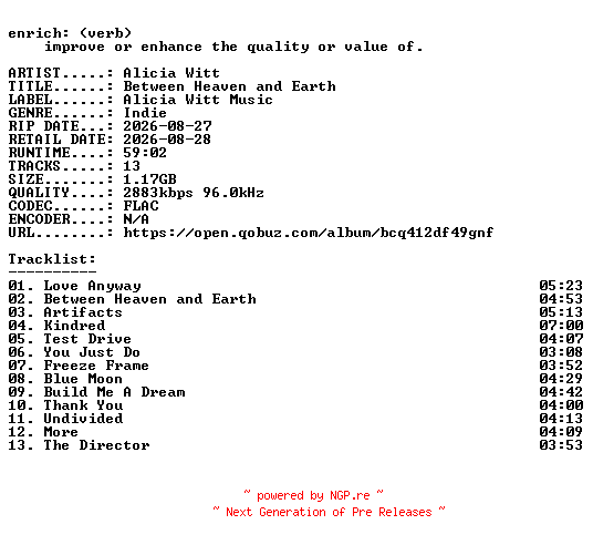 NFO for the release Alicia_Witt-Between_Heaven_and_Earth-24BIT-WEB-FLAC-2026-ENRiCH by ENRiCH