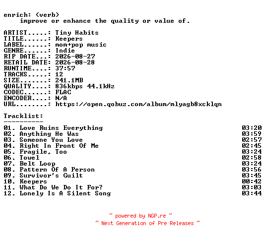 NFO for the release Tiny_Habits-Keepers-16BIT-WEB-FLAC-2026-ENRiCH by ENRiCH