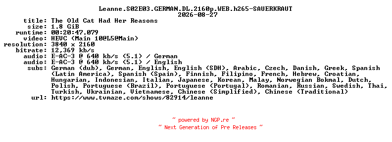 NFO for the release Leanne.S02E03.GERMAN.DL.2160p.WEB.h265-SAUERKRAUT by SAUERKRAUT