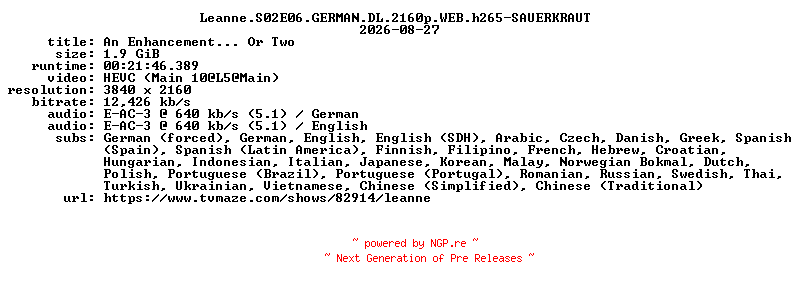 NFO for the release Leanne.S02E06.GERMAN.DL.2160p.WEB.h265-SAUERKRAUT by SAUERKRAUT