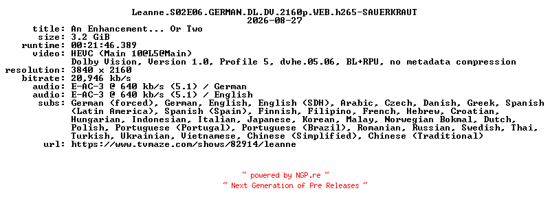 NFO for the release Leanne.S02E06.GERMAN.DL.DV.2160p.WEB.h265-SAUERKRAUT by SAUERKRAUT