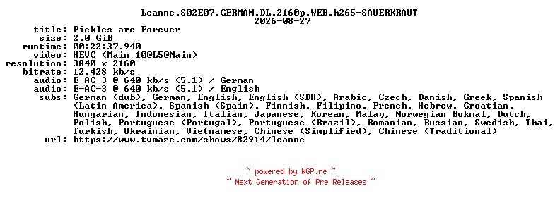 NFO for the release Leanne.S02E07.GERMAN.DL.2160p.WEB.h265-SAUERKRAUT by SAUERKRAUT