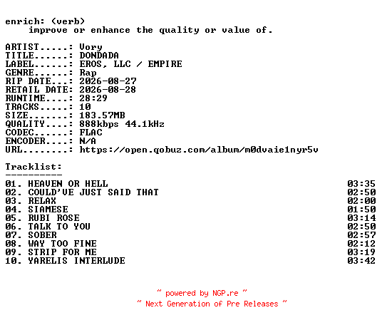 NFO for the release Vory-DONDADA-16BIT-WEB-FLAC-2026-ENRiCH by ENRiCH