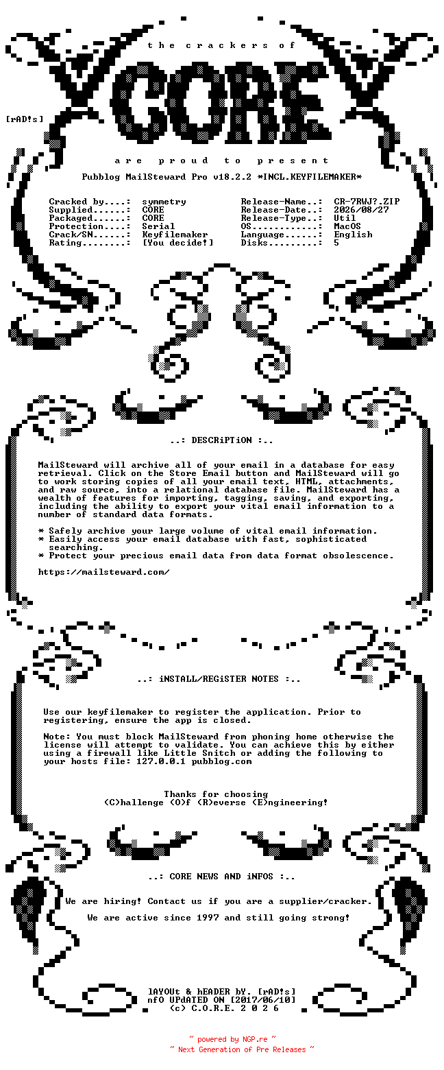 NFO for the release Pubblog.MailSteward.Pro.v18.2.2.MacOS.UB.Incl.Keyfilemaker-CORE by CORE