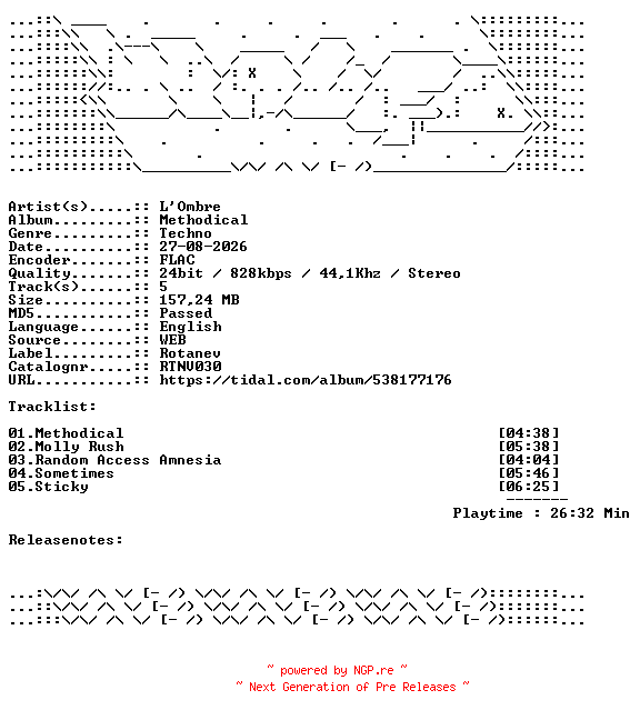 NFO for the release LOmbre-Methodical-RTNV030-16BIT-WEB-FLAC-2026-WAVED by WAVED