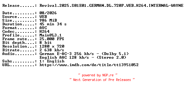 NFO for the release Revival.2025.S01E01.GERMAN.DL.720P.WEB.H264.INTERNAL-WAYNE by WAYNE