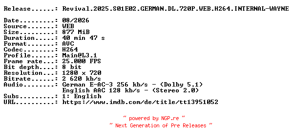 NFO for the release Revival.2025.S01E02.GERMAN.DL.720P.WEB.H264.INTERNAL-WAYNE by WAYNE