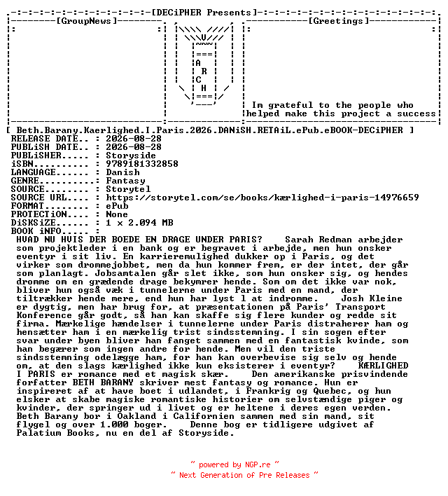 NFO for the release Beth.Barany.Kaerlighed.I.Paris.2026.DANiSH.RETAiL.ePub.eBOOK-DECiPHER by DECiPHER