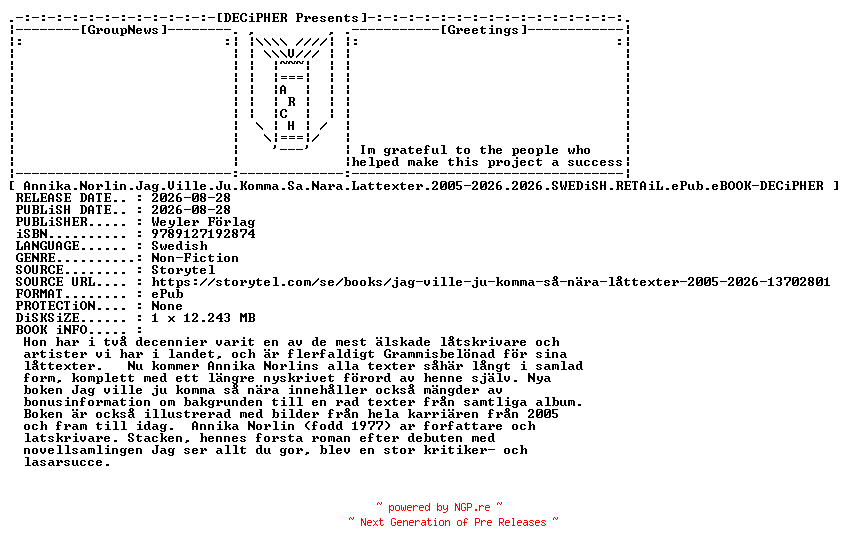 NFO for the release Annika.Norlin.Jag.Ville.Ju.Komma.Sa.Nara.Lattexter.2005-2026.2026.SWEDiSH.RETAiL.ePub.eBOOK-DECiPHER by DECiPHER