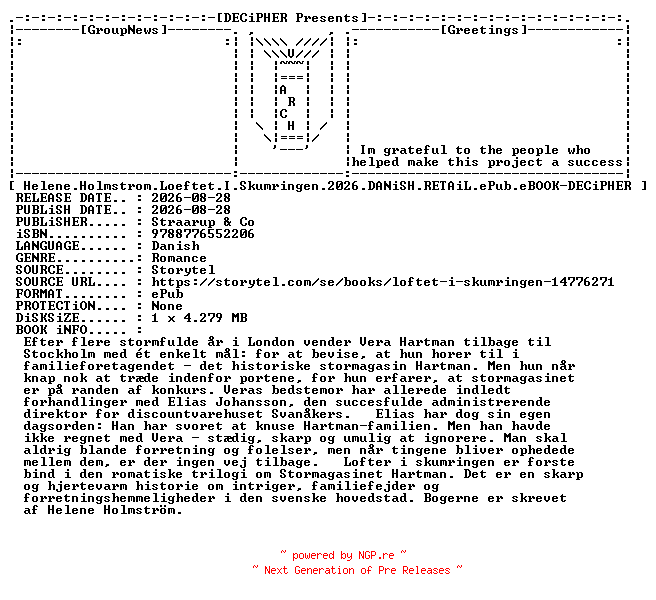 NFO for the release Helene.Holmstrom.Loeftet.I.Skumringen.2026.DANiSH.RETAiL.ePub.eBOOK-DECiPHER by DECiPHER