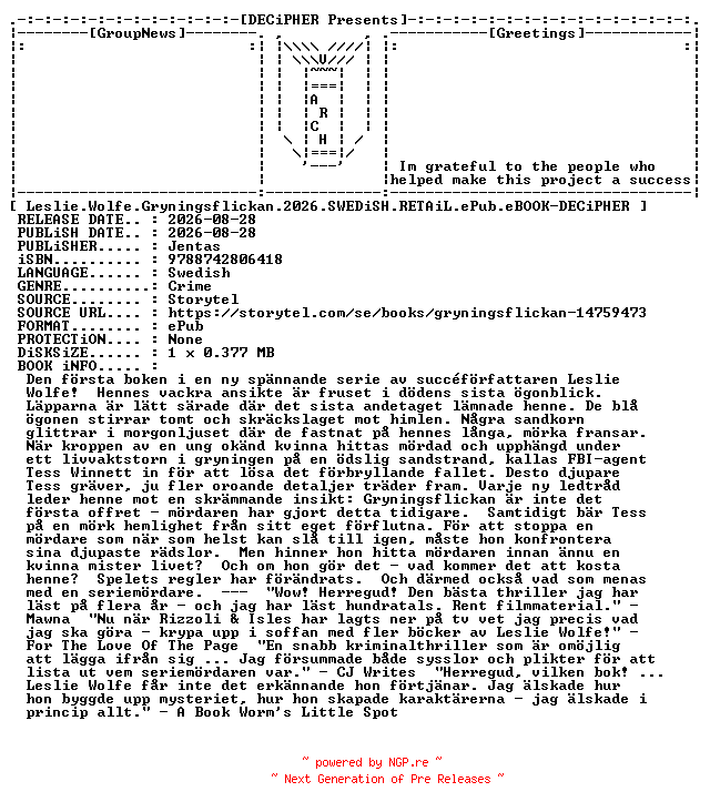NFO for the release Leslie.Wolfe.Gryningsflickan.2026.SWEDiSH.RETAiL.ePub.eBOOK-DECiPHER by DECiPHER