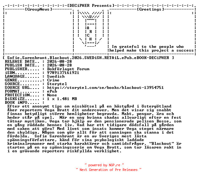 NFO for the release Sofie.Sarenbrant.Blackout.2026.SWEDiSH.RETAiL.ePub.eBOOK-DECiPHER by DECiPHER