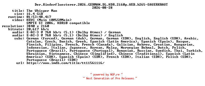 NFO for the release Der.Kinderfluesterer.2026.GERMAN.DL.HDR.2160p.WEB.h265-SAUERKRAUT by SAUERKRAUT
