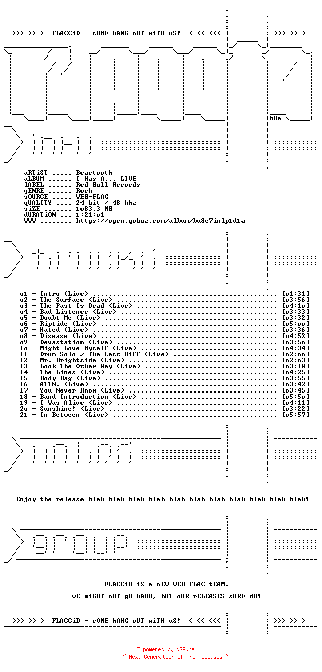NFO for the release Beartooth-I_Was_A_LIVE-24BIT-48KHZ-WEB-FLAC-2025-FLACCiD by FLACCiD