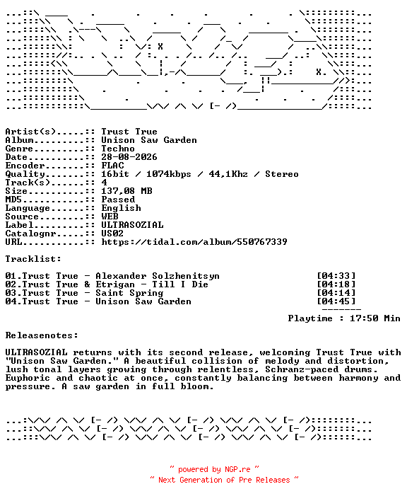 NFO for the release Trust_True-Unison_Saw_Garden-US02-16BIT-WEB-FLAC-2026-WAVED by WAVED