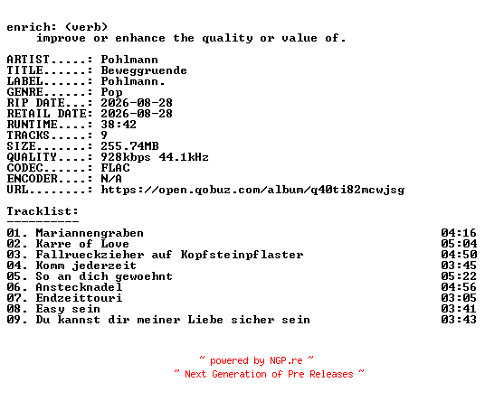 NFO for the release Pohlmann-Beweggruende-DE-16BIT-WEB-FLAC-2026-ENRiCH by ENRiCH