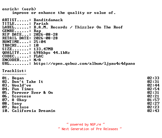 NFO for the release Banditdamack-Pariah-16BIT-WEB-FLAC-2026-ENRiCH by ENRiCH