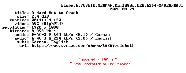 NFO for the release Elsbeth.S03E10.GERMAN.DL.1080p.WEB.h264-SAUERKRAUT by SAUERKRAUT