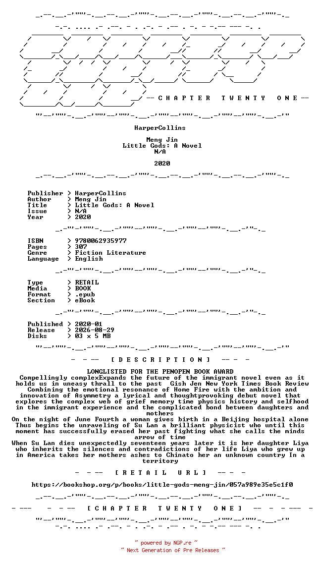 NFO for the release Meng.Jin.-.Little.Gods.A.Novel.2020.RETAIL.EPUB.eBook-CTO by CTO