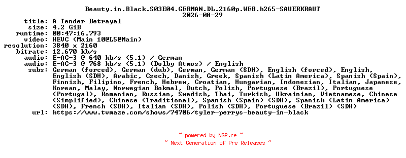 NFO for the release Beauty.in.Black.S03E04.GERMAN.DL.2160p.WEB.h265-SAUERKRAUT by SAUERKRAUT