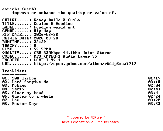NFO for the release Scoop_Dolla_X_Cusho-Scales_and_Needles-WEB-2026-ENRiCH by ENRiCH