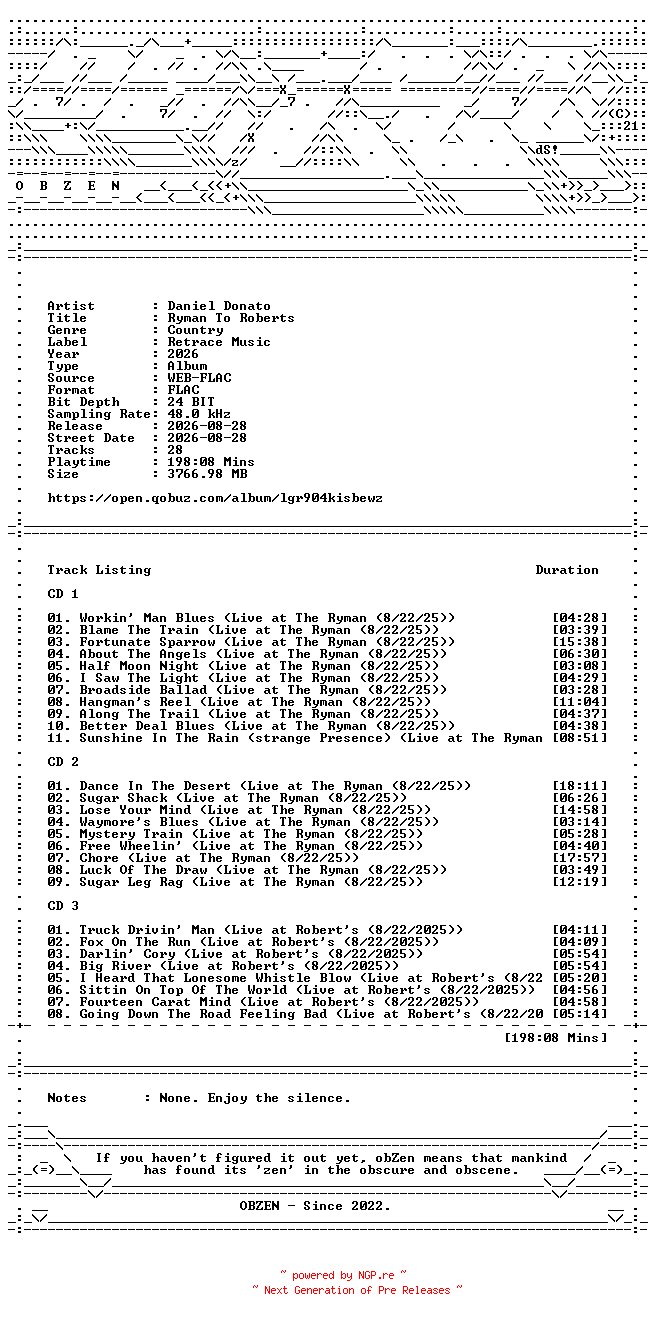 NFO for the release Daniel_Donato-Ryman_To_Roberts-24BIT-96KHZ-WEB-FLAC-2026-OBZEN by OBZEN