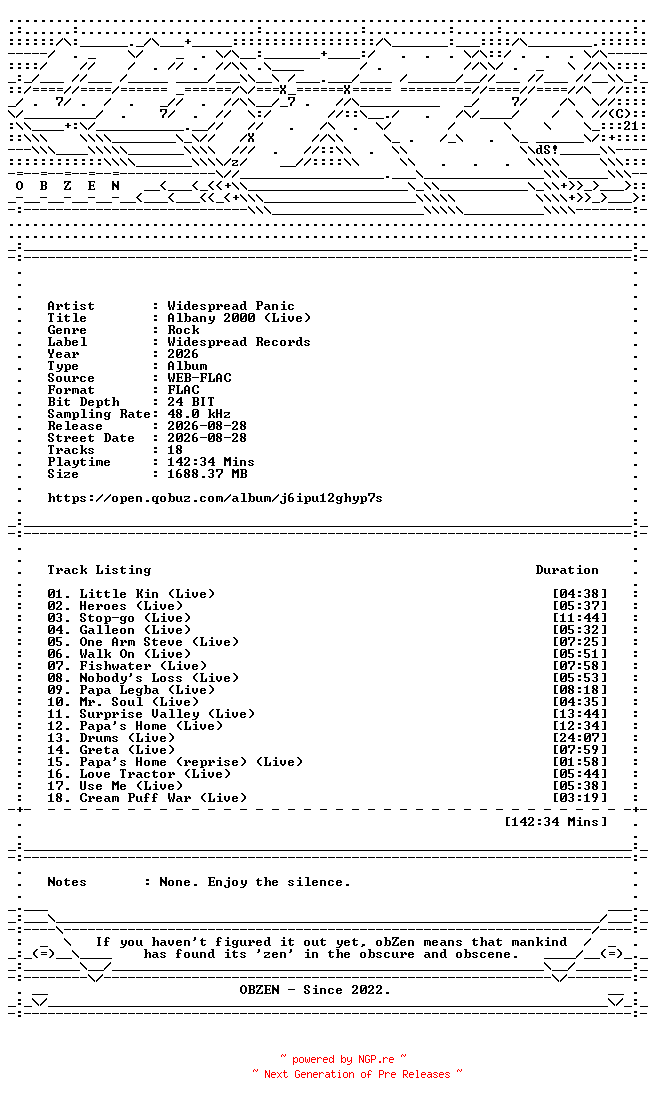 NFO for the release Widespread_Panic-Albany_2000_(Live)-24BIT-48KHZ-WEB-FLAC-2026-OBZEN by OBZEN