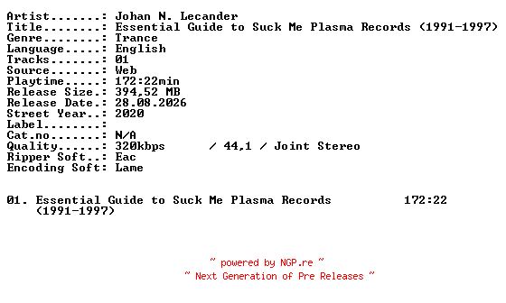 NFO for the release Johan_N_Lecander-Essential_Guide_to_Suck_Me_Plasma_Records_(1991-1997)-WEB-2020-XTC_iNT by XTC_iNT